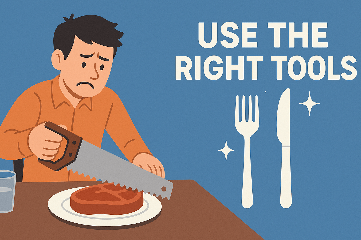 Illustration showing the misuse of tools, like trying to eat a steak with the wrong utensils. Text reads: Use the right tools.
