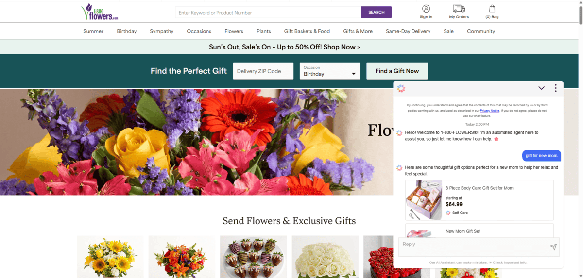 In the bottom right corner of the 1-800-Flowers website is an AI Assistant (chatbot). In this example, I’ve asked it for “gift for new mom”. The first recommendation is an 8 Piece Body Care Set for Mom.