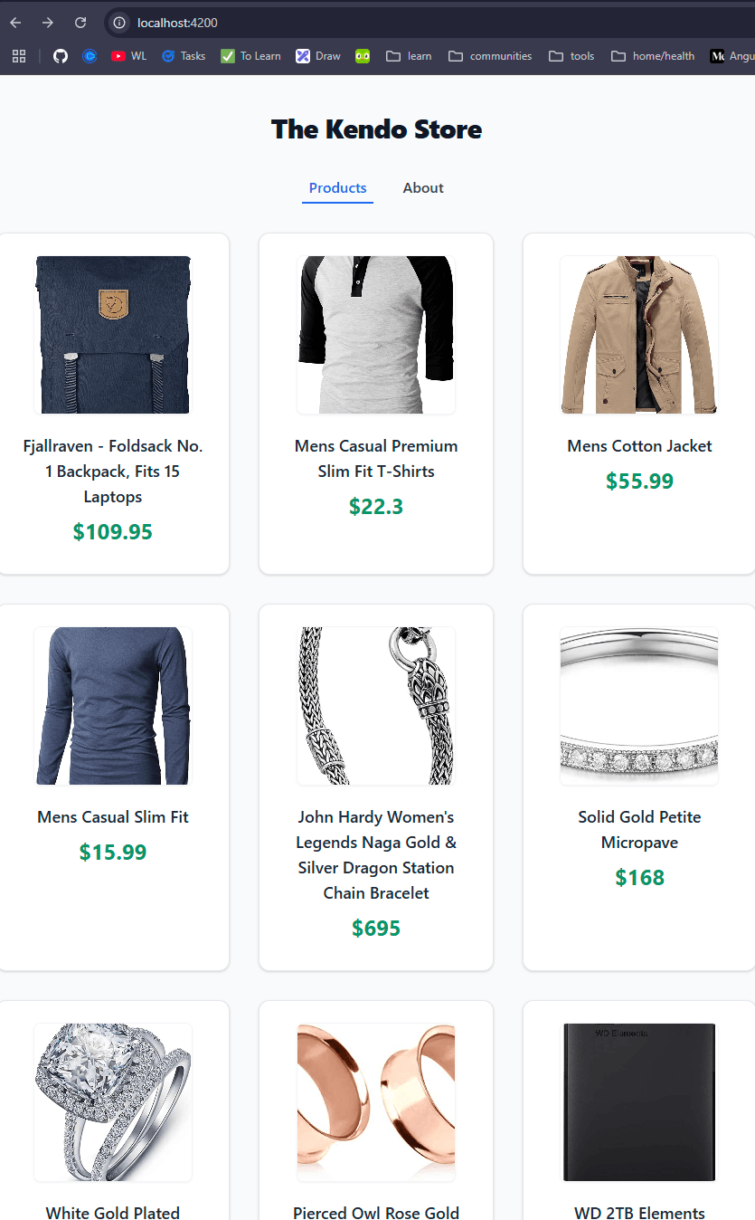 Our Kendo Store has Products and About pages in the navigation