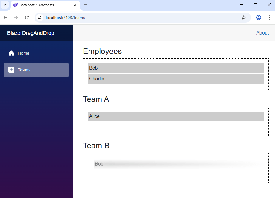 A browser window with three columns for employees. First, all available employees. The second column contains Team A members, and the third Team B members in a Blazor web application with dragging in action.