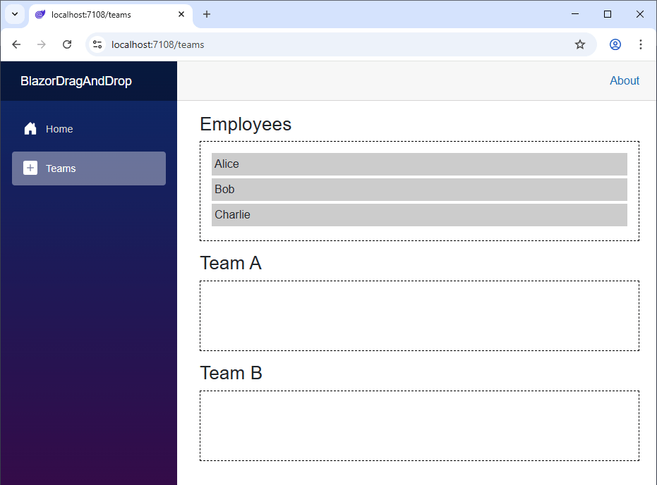 A browser window with three columns for employees. First, all available employees. The second column contains Team A members, and the third Team B members in a Blazor web application.