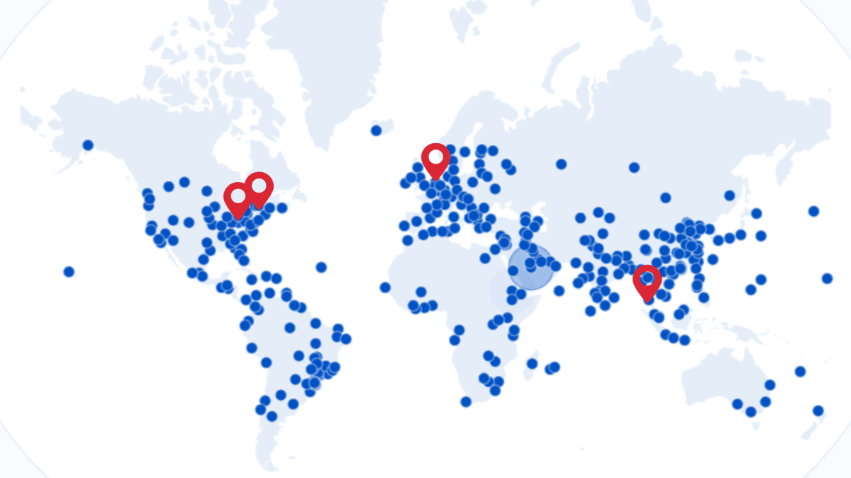 A close-up of the CDN data center map from the Cloudflare website. Here we see blue pins that represent data centers everywhere around the world except for Greenland. There are 4 red pins included that represent the Chicago, Montreal, Amsterdam, and Singapore servers for GreenGeeks.