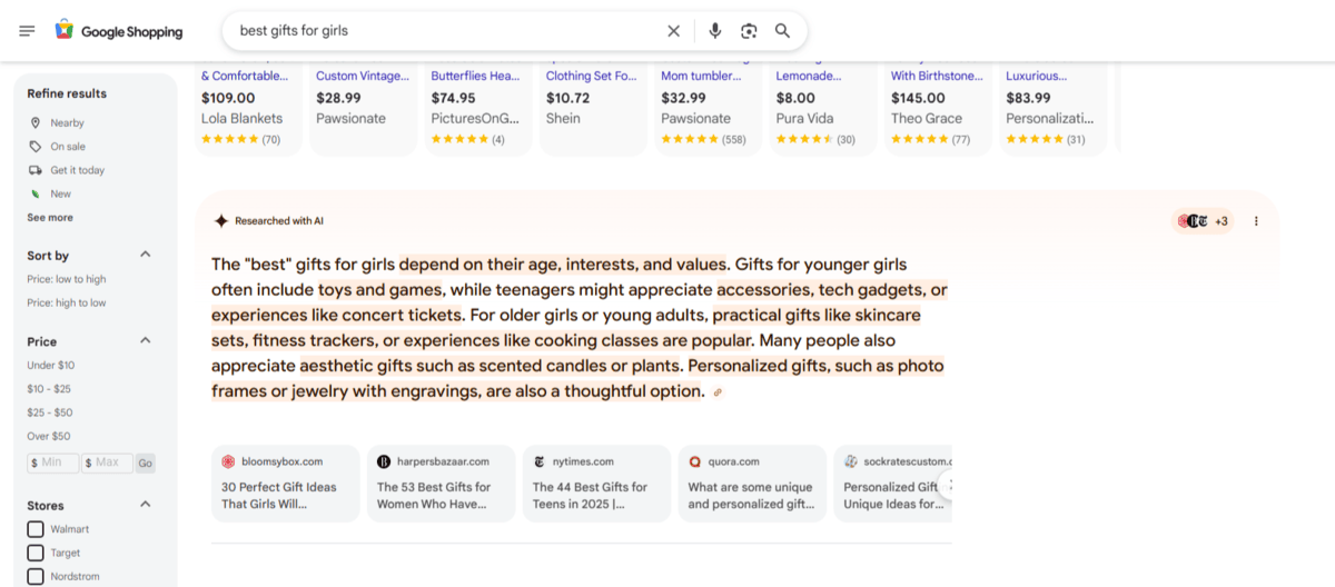 In this screenshot from Google Shopping, we see the search results page for “best gifts for girls”. The screenshot focuses on the “Researched with AI” section we provides a paragraph with recommendations on the best gifts for girls. It also includes resource links below to bloomsybox, harpersbazaar, nytimes, quora, and sockratescustoms.