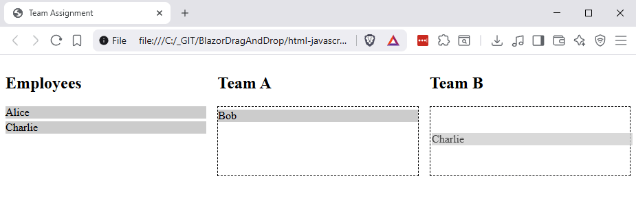 A browser window with three columns for employees. First, all available employees. The second column contains Team A members, and the third Team B members.