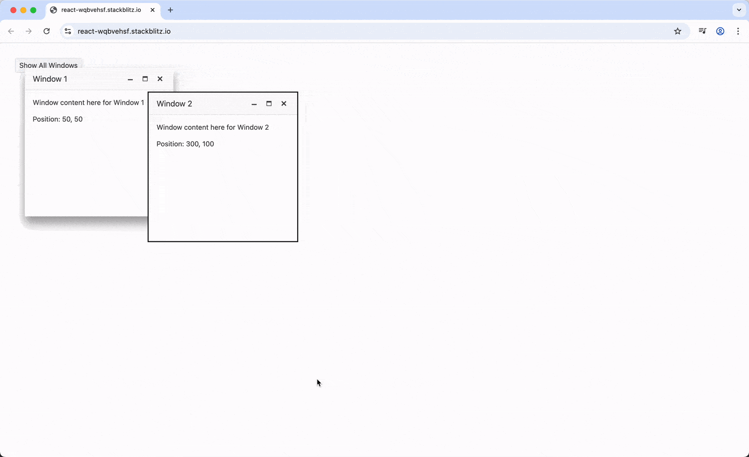 Two React windows slightly stacked and being repositioned
