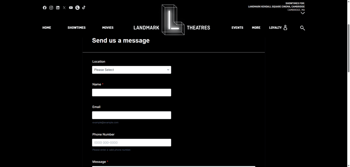 A screenshot taken from the Contact Us page on the Landmark Theatres website. We see fields for Location, Name, Email, Phone Number, and Message.