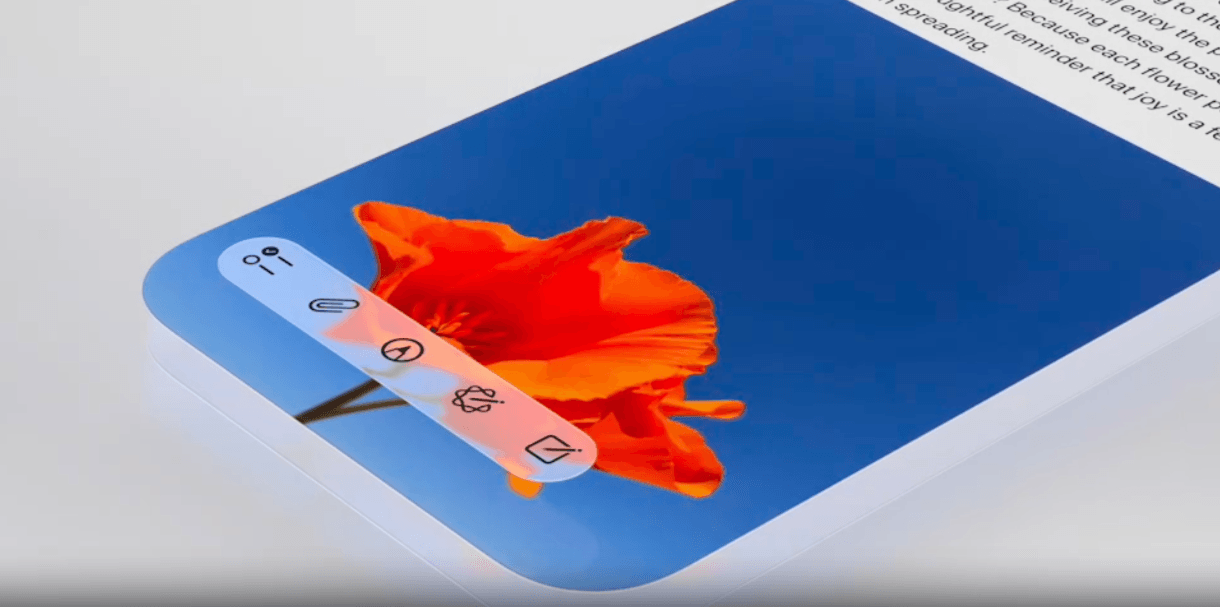 An example of what an Apple toolbar looks like with Liquid Glass. It’s a translucent toolbar that hovers over the content on the screen. In this case, it’s a blue sky background with a red flower in the foreground.
