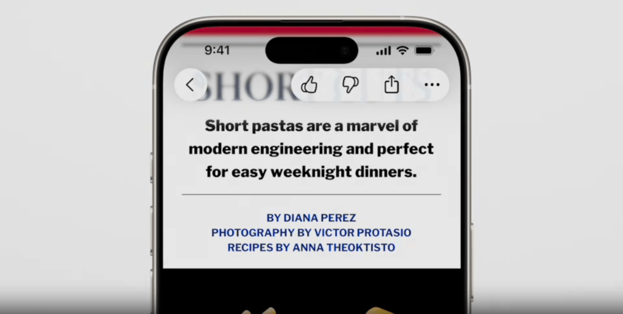In this example of Liquid Glass, we see a back button in the top left corner of the phone screen and a toolbar in the top right with icons for Like, Dislike, Share, and More. They sit on top of the white content section in the blog post, so the glass is a whitish hue and the icons are black.