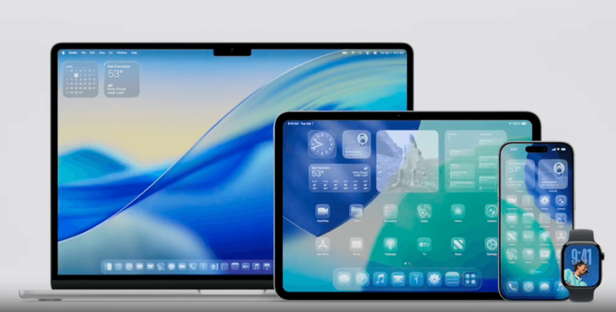 A mockup of Liquid Glass for Mac, iPad, iPhone, and iWatch. We see how all of the functional components and app icons now have a frosted, translucent look to them.