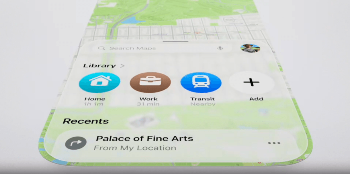When a user engages with the Apple Maps search feature, a panel opens up that shows them the search bar plus a Library of presets like Home, Work, and Transit, as well as a list of Recent destinations.
