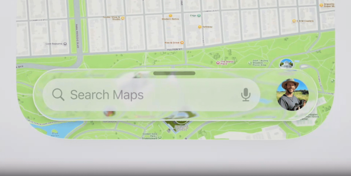 In this example from Apple Maps, we see a nearly full-width search bar designed with Liquid Glass. It contains the search field, audio search button, and user icon.
