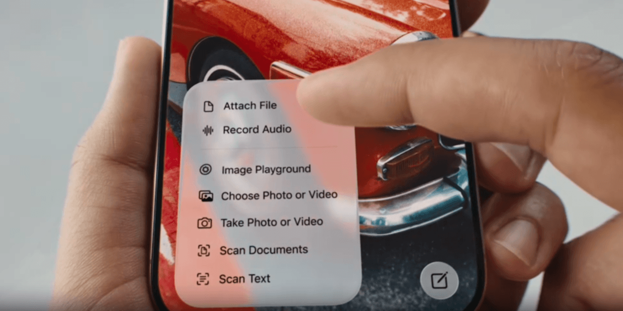 A user opens a controls menu on an iPhone. The frosted section makes it easier to see the options for: Attach File, Record Audio, Image Playground, and more.