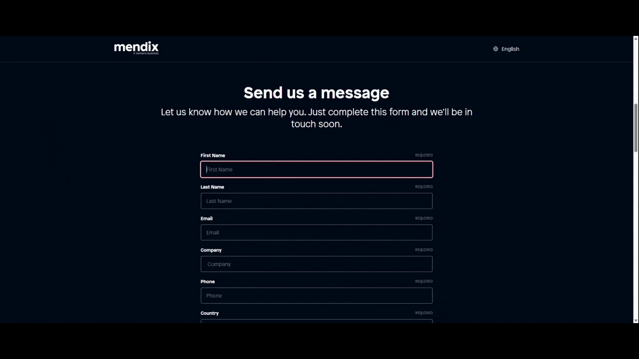 A video shows a visitor filling out the contact form on the Mendix website. When they incorrect fill in the Email field with a single letter, this message appears: “Must be valid email. example@yourdomain.com”.