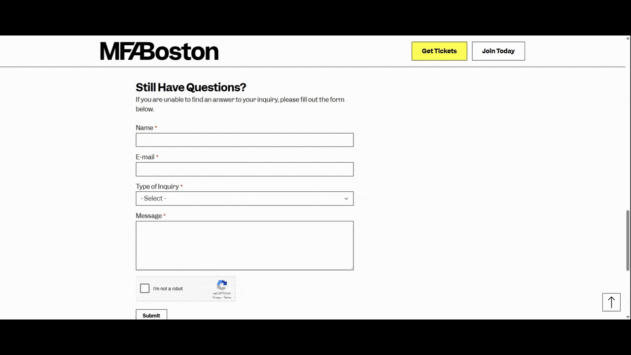A user fills out the contact form on the Museum of Fine Arts Boston’s Contact page. There are four fields—Name, Email, Type of Inquiry, and Message—along with a robot CAPTCHA.