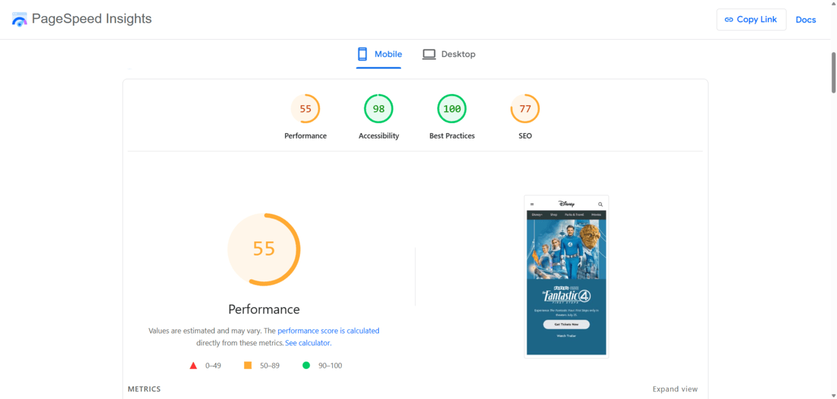 In this screenshot from Google PageSpeed Insights, we see four scores for the disney.com website: 55 for Performance, 98 for Accessibility, 100 for Best Practices, and 77 for SEO.