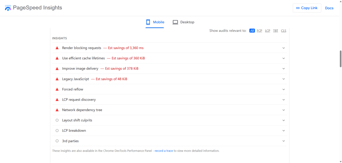 The Performance Insights tab in Google PageSpeed Insights recommends actions like Render blocking requests, Use efficient cache liftetimes, Improve image delivery, Legacy JavaScript, and Forced reflow.