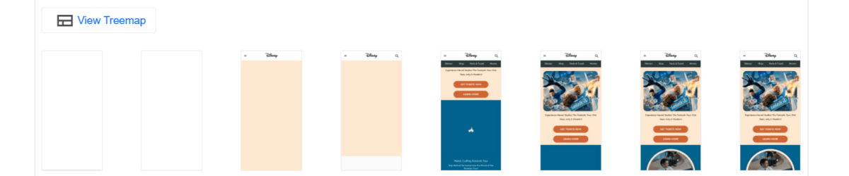In PageSpeed Insights, visitors can see a breakdown of how the visuals appear as the page loads. In this screenshot, we see 8 frames of the homepage. The first two are completely blank. The second two show the mobile website header and a tan-colored page. The next four show how the content of the page slowly loads into focus.
