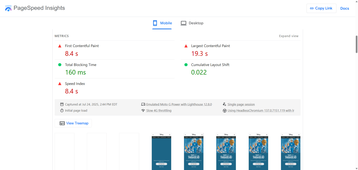 An analysis of the disney.com website in PageSpeed Insights. We see 5 metrics for the mobile experience: 8.4 s for First Contentful Paint, 19.3 s for Largest Contentful Paint, 160 ms for Total Blocking Time, 0.022 for Cumulative Layout Shift, and 8.4 s for Speed Index.