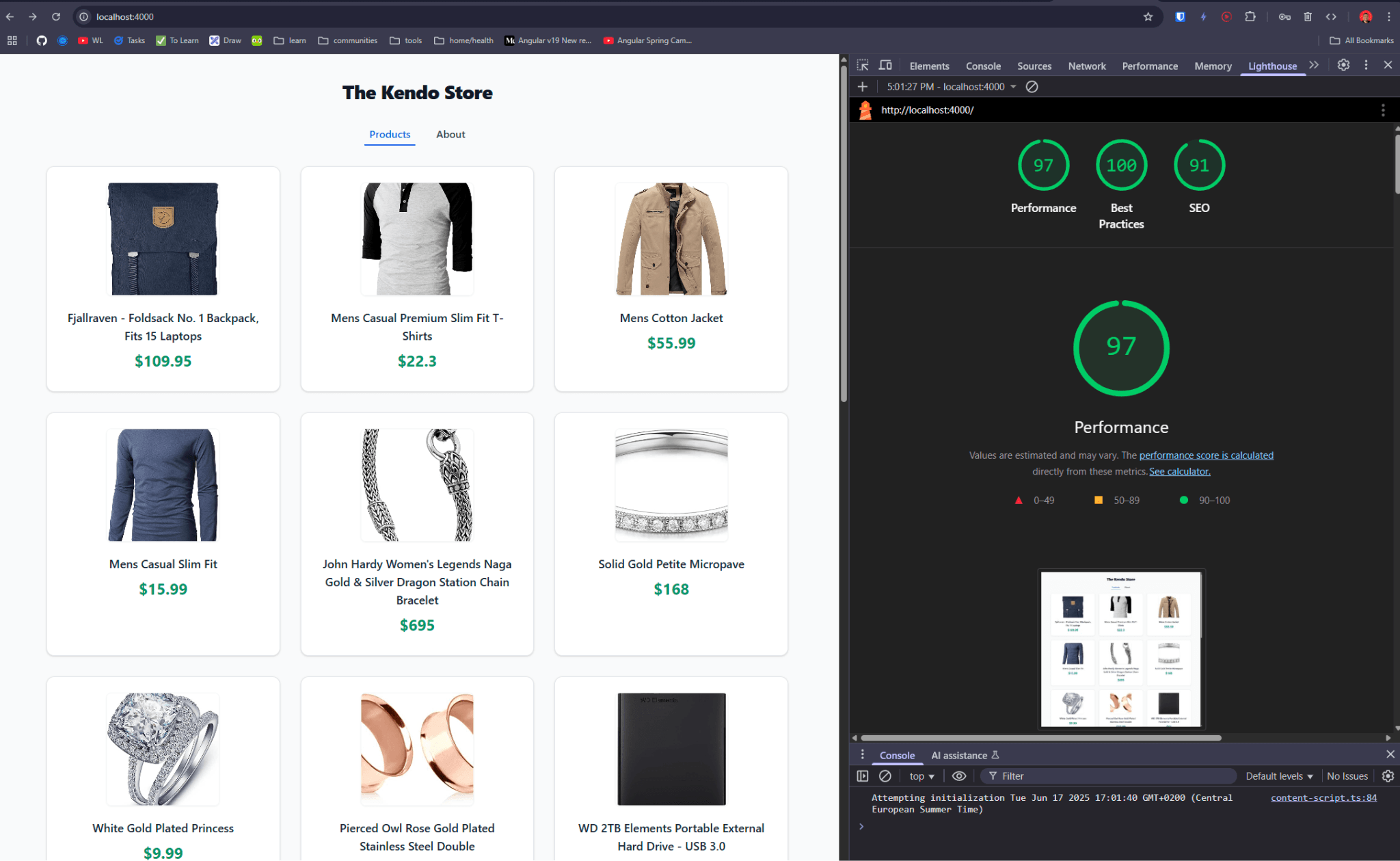 Performance score of the main Products page is 97