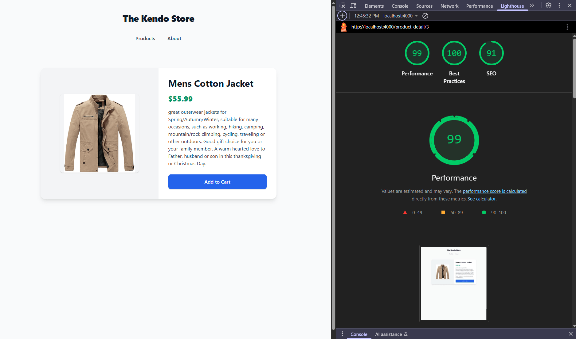 Performance score of the product details page is 99