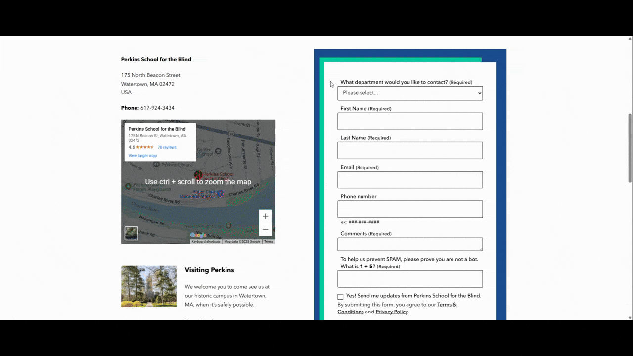 In this GIF, we see a visitor fill out the contact form on the Perkins School for the Blind website. After leaving two fields empty, the submission fails and the user sees two red error messages next to the fields.