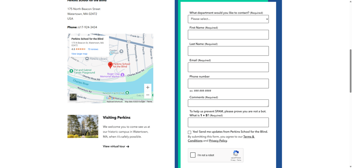 A screenshot of the contact form on the website for Perkins School for the Blind. It appears to the right of the location information and map. The form is made up of 7 fields, a checkbox, and a reCAPTCHA.