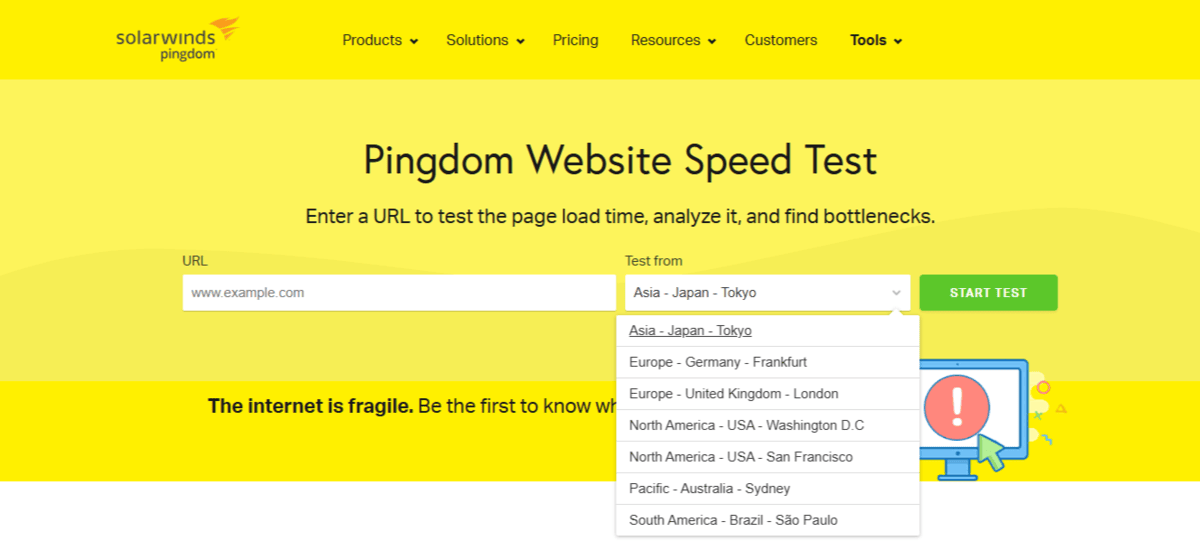 A screenshot taken from the top of the Pingdom Website Speed Test page. We see a form that includes a field for URL and a dropdown that says Test from. The options are: Asia - Japan - Tokyo; Europe - Germany - Frankfurt; Europe - United Kingdom - London; North America - USA - Washington D.C.; North America - USA - San Francisco; Pacific - Australia - Sydney; and South America - Brazil - Sao Paolo.