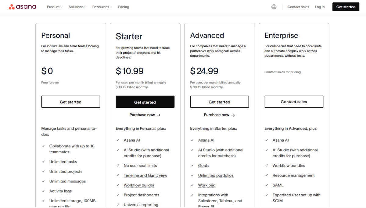 In this screenshot from the Asana Pricing page, we see four plans for Personal, Starter, Advanced, and Enterprise. They take up the full length of the screen and almost the entire width. Grey boundaries around each block and white space between and within them help set them apart.