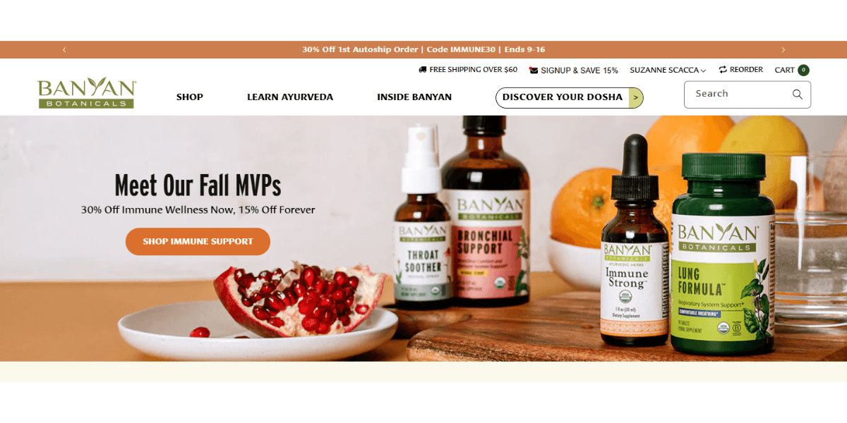 When a customer logs into the Banyan Botanicals website, the secondary navigation changes slightly. A new button called “Reorder” appears for fast and convenient reordering of previously purchased items.