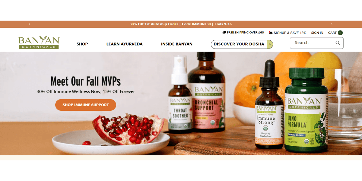 A look at the header on the Banyan Botanicals home page. Above the main navigation and search bar are two deals touting free shipping and member savings along with Sign In and Cart links.