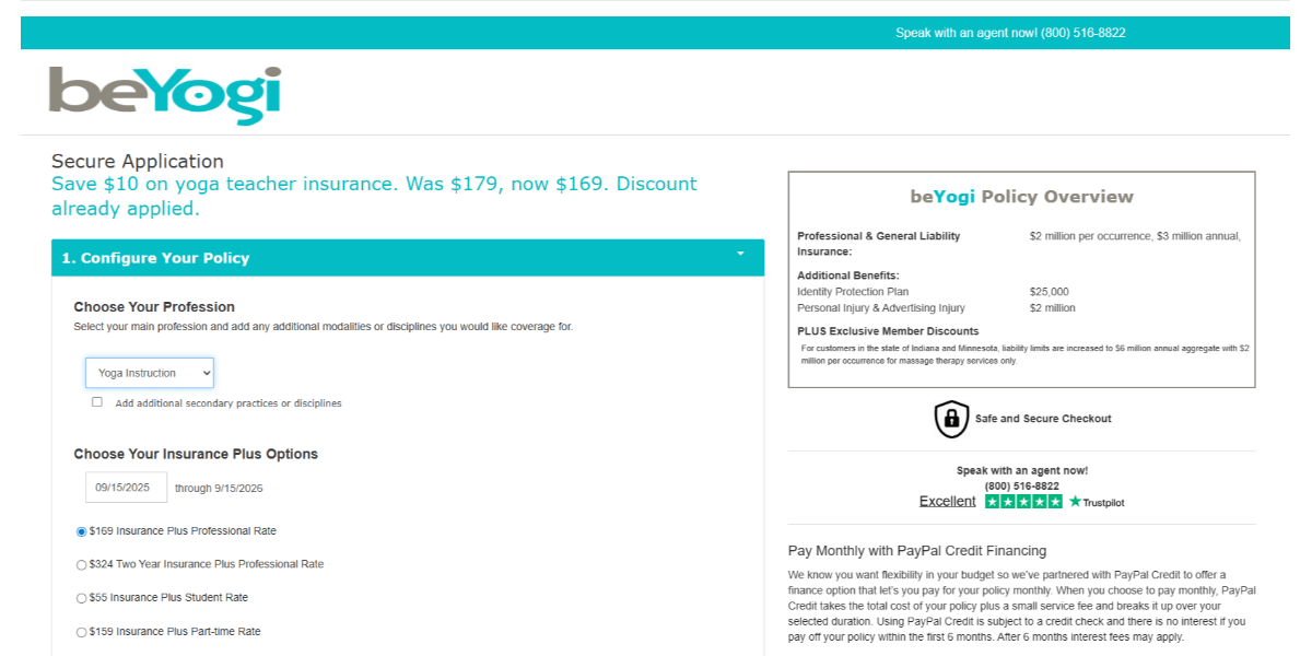 A screenshot of the beYogi Insurance application page for webinar attendees. The form looks similar to the regular application page. However, there’s a blue note at the top that reads: “Save $10 on yoga teacher insurance. Was $179, now $169. Discount already applied.”
