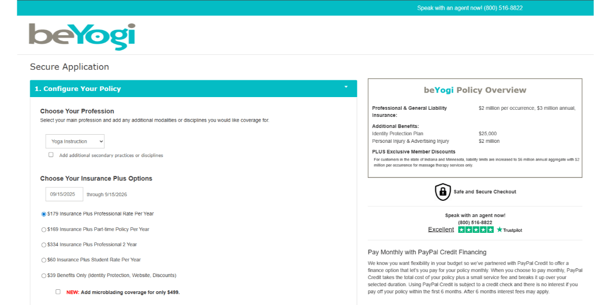 A screenshot of the beYogi Insurance application page for website visitors. The form asks visitors to first “Configure Your Policy”. They select their profession along with insurance options.
