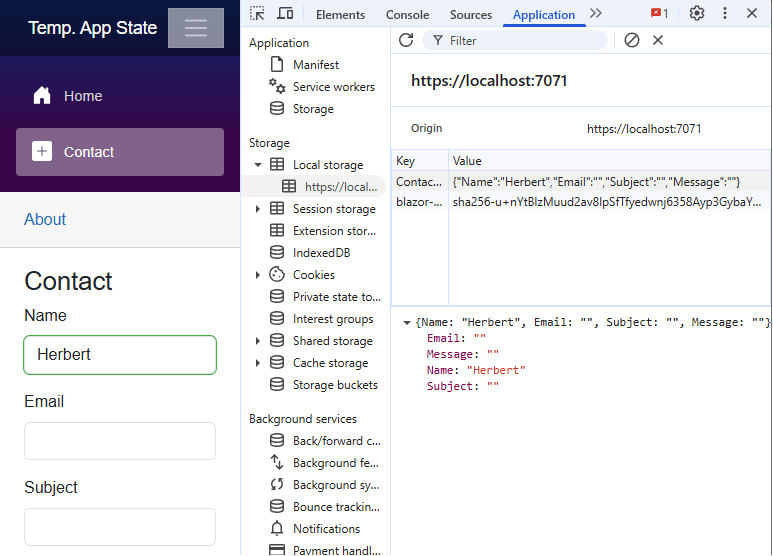 A browser window with a Contact from with four fields: name, email, subject, and message and the developer tools showing the information stored in the Local Storage.