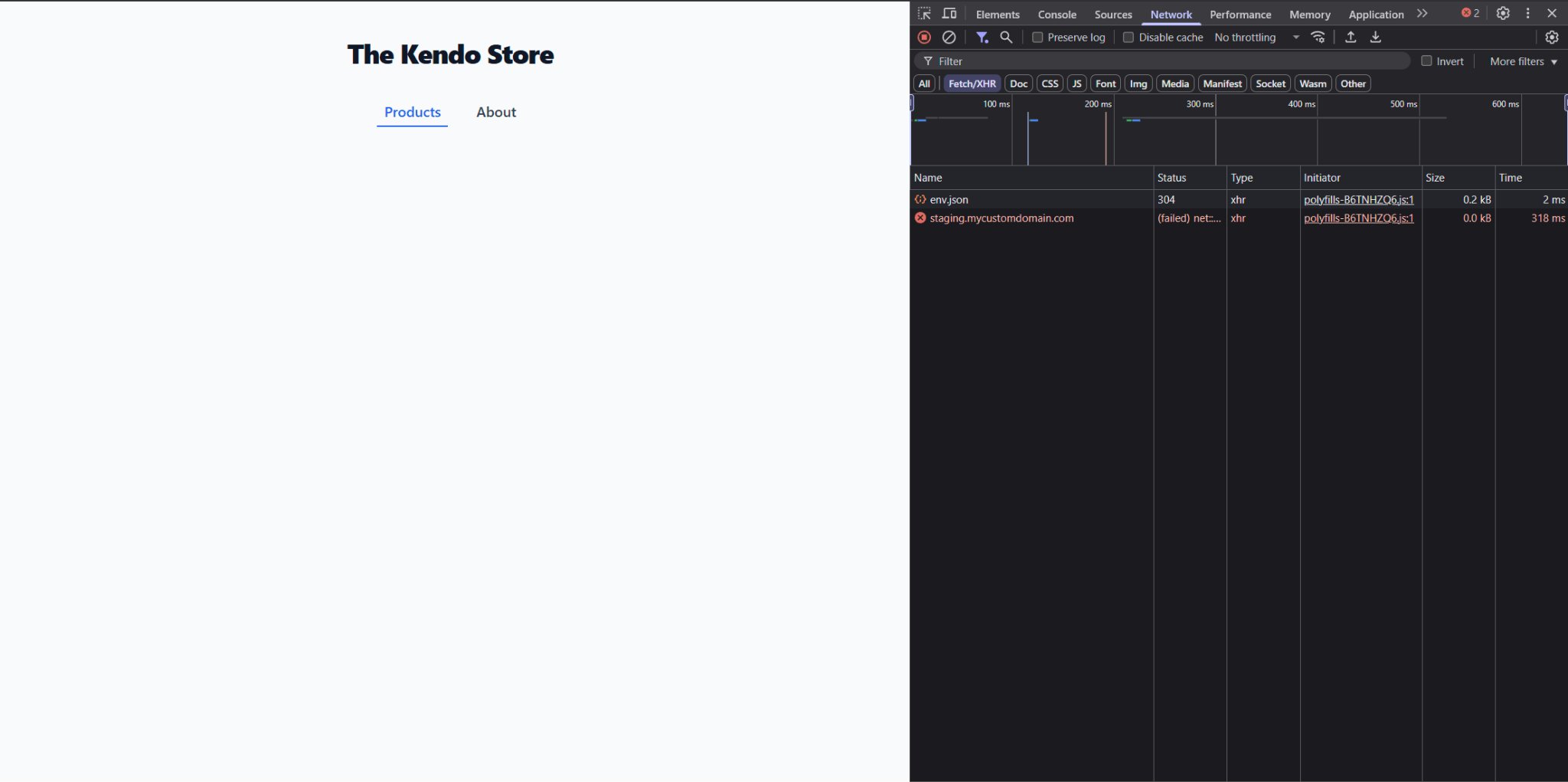 Kendo Store with DevTools Network pulled up on the side