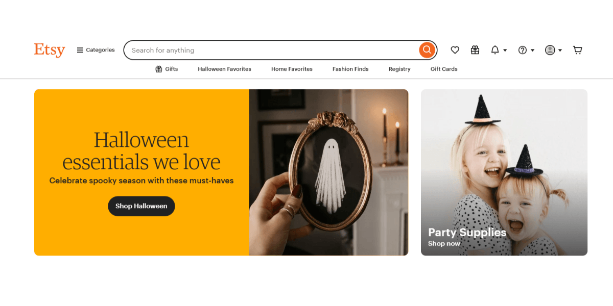 For logged in customers to the Etsy website, a new panel of header icons and links appear: Favorites, Gifts, Deals, Help & Support, Your account, and shopping cart.
