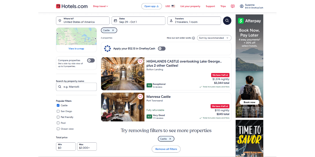 On the search results page for “castle” on the Hotels.com website, there are two ads: One for Afterpay with a person wearing a backpack looking out on a lake and mountain and one for Visit Tampa Bay that says “Time to Savor.”