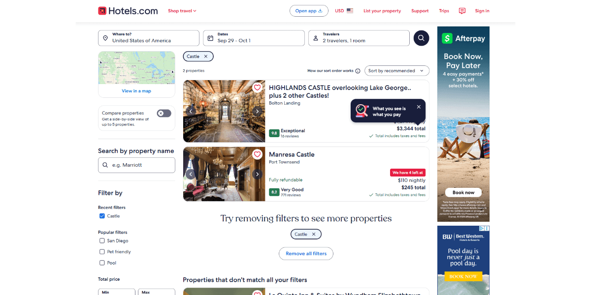 On the search results page for “castle” on the Hotels.com website, there are two ads: One for Afterpay with a person lounging on the beach in a chair and one for Best Western that says “Pool day is never just a pool day.”
