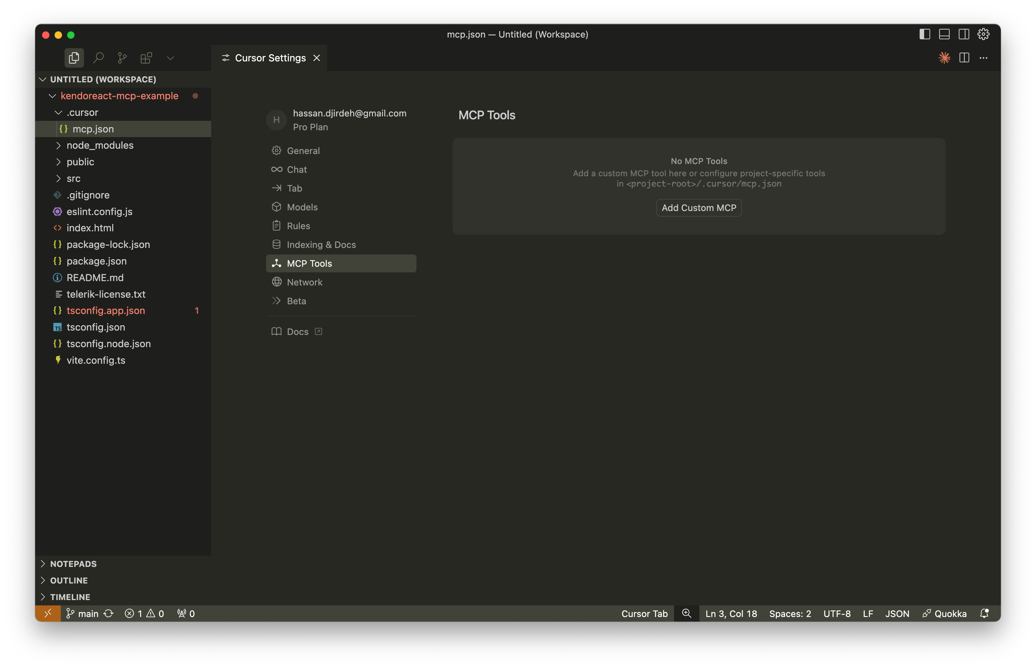 Cursor Settings - No MCP Tools
