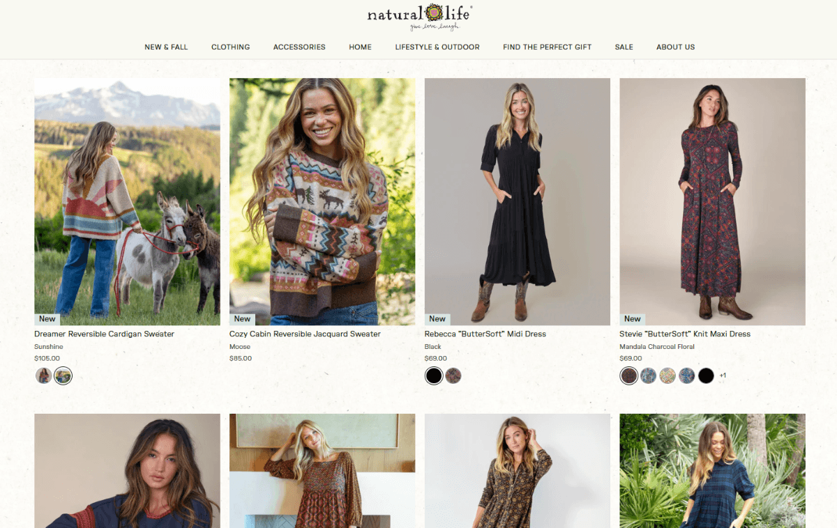 A screenshot of the Natural Life ecommerce product page. There are four products fully visible. There’s a large featured image for each, followed by the name of the product, the color/print, the price, and color swatches.