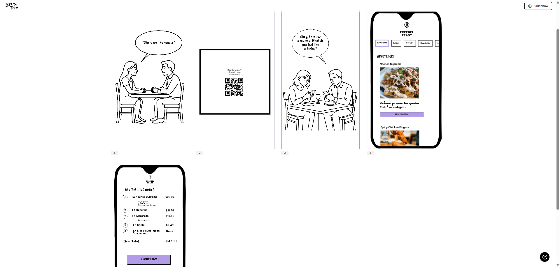 In this StoryTribe storyboarding example, we see 5 frames. The first shows two people sitting at an empty restaurant table. The second shows a QR code. The third shows the couple looking at their phones. The fourth shows a mobile screen with a restaurant menu. The fifth shows an order summary screen.