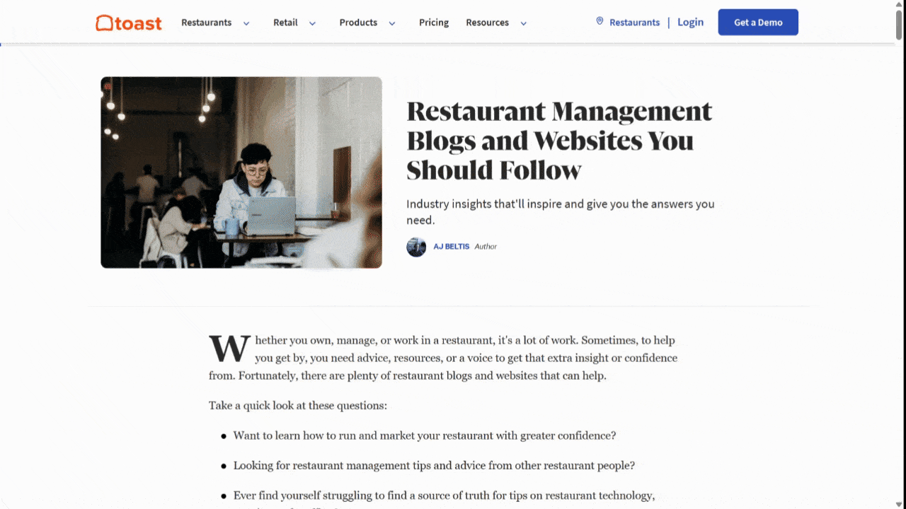 A video shows a reader scrolling down a blog post on the Toast website. It shows the content all aligned within a single column.