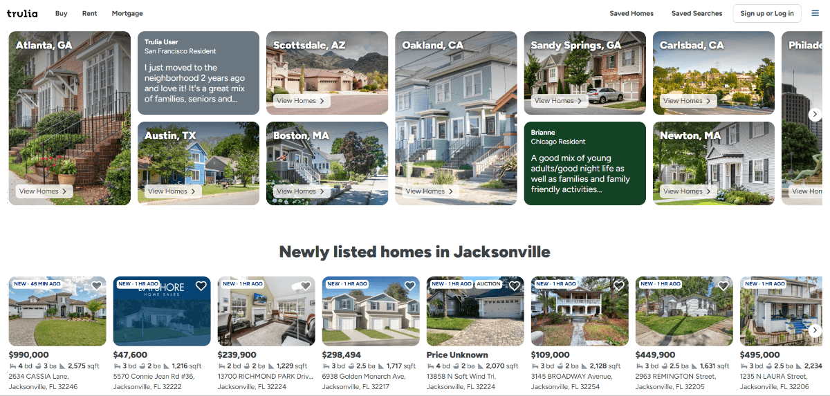 A screenshot of the Trulia home page above the fold. The row of content at the top shows highlights of homes from cities like Atlanta, Austin, Scottsdale, and Boston along with user testimonials. The row below it shows eight Newly listed homes in Jacksonville.
