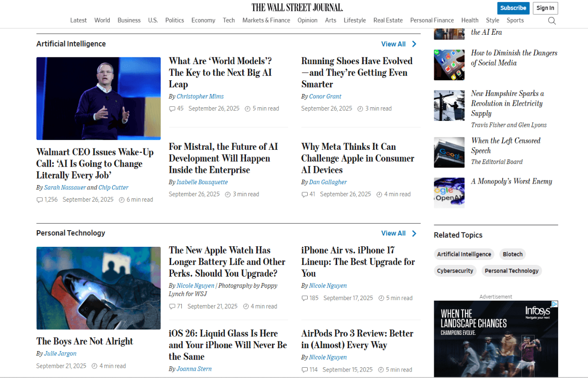 A screenshot from the Technology page of the Wall Street Journal. We see two horizontal sections — for Artificial Intelligence and Personal Technology. We also see each section divided up into four columns with an uneven number of posts and other content within each.