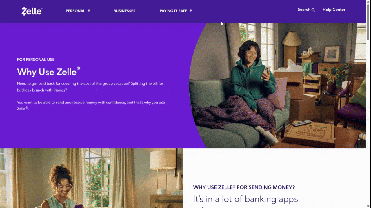 A video showing a user scrolling down the Personal page on the Zelle website. Sections are a mix of columns and rows.