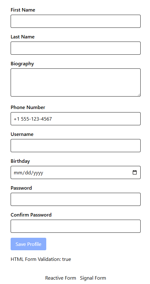 Form with fields for first name, last name, username, biography, etc.