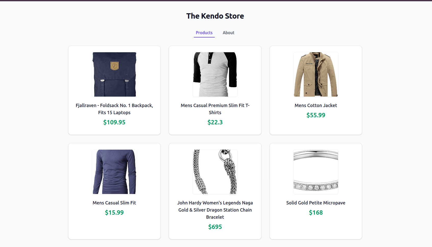 Kendo Store app showing six items with details