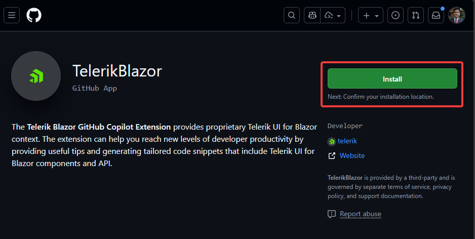 Installation Page for the TelerikBlazor GitHub App