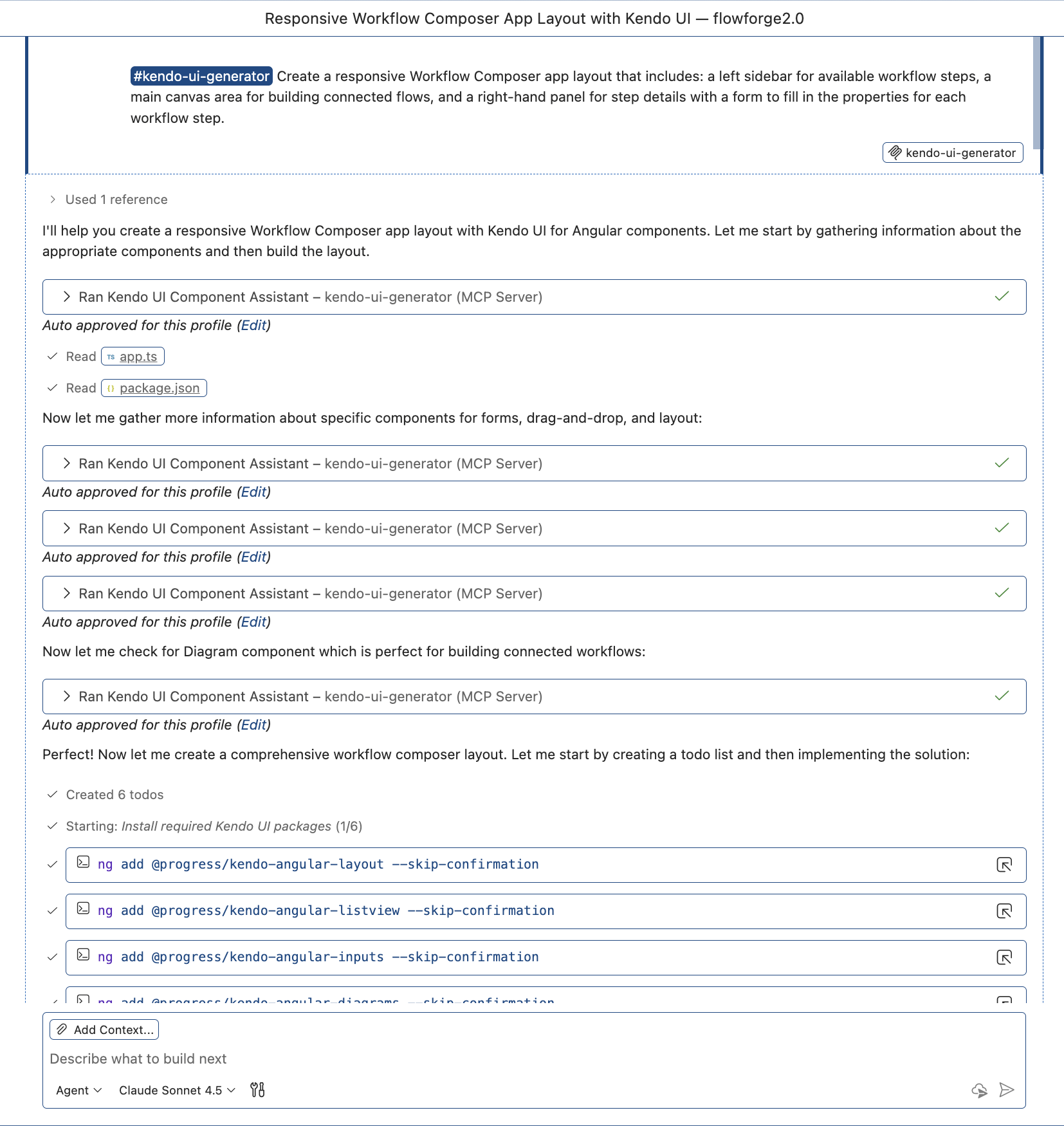 Responsive Workflow Composer App Layout with Kendo UI - flowforge2.0 shows prompt to kendo-ui-generator