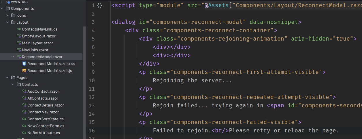 Reconnection Modal HTML and solution explorer showing .css and .js files
