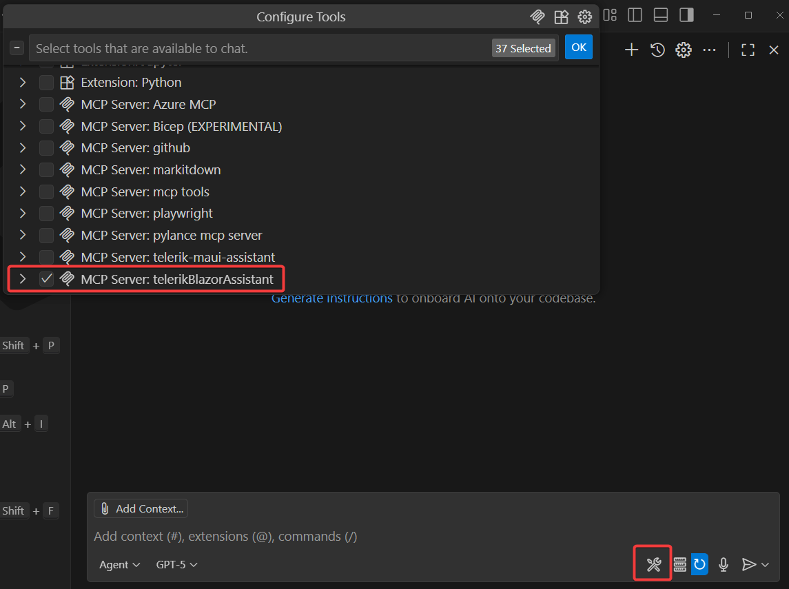 Selecting the MCP server for Telerik Blazor